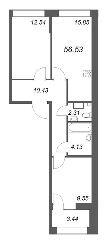 3-комнатная (Евро) квартира, 56.53 м² - планировка, фото №1