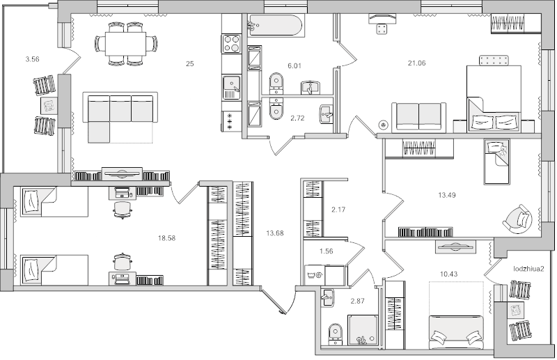5-комнатная (Евро) квартира, 128.11 м² в ЖК "Dreamline" - планировка, фото №1