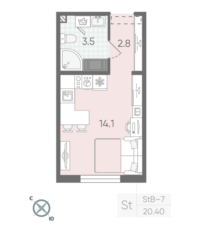 Квартира-студия, 20.4 м² в ЖК "Пейзажный квартал" - планировка, фото №1