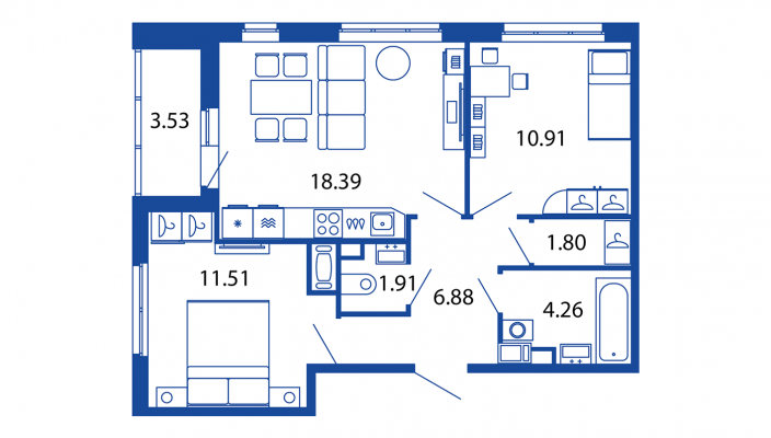 3-комнатная (Евро) квартира, 55.66 м² - планировка, фото №1