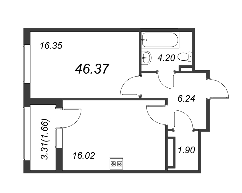 2-комнатная (Евро) квартира, 46.6 м² - планировка, фото №1