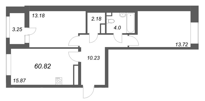 3-комнатная (Евро) квартира, 60.82 м² в ЖК "Аквилон Солар" - планировка, фото №1
