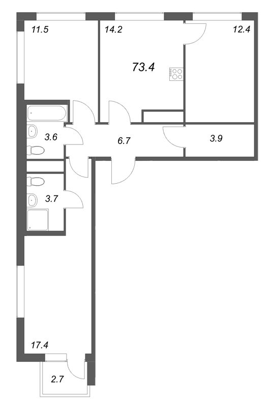 3-комнатная квартира, 73.4 м² в ЖК "Гений" - планировка, фото №1