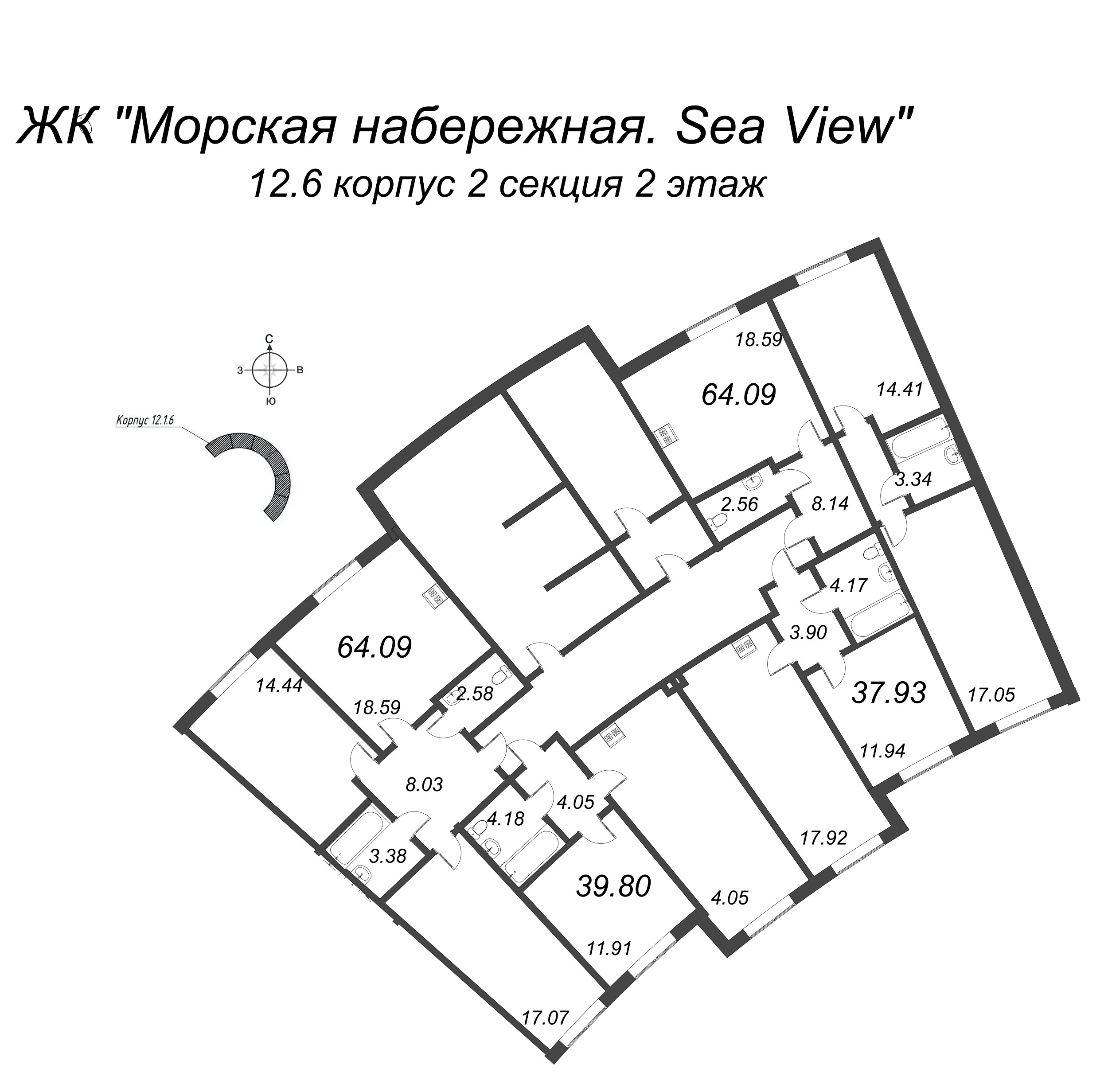 3-комнатная (Евро) квартира, 64.09 м² в ЖК "Морская набережная. SeaView" - планировка этажа