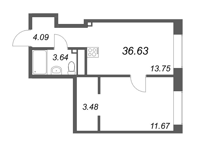 1-комнатная квартира, 36.63 м² - планировка, фото №1