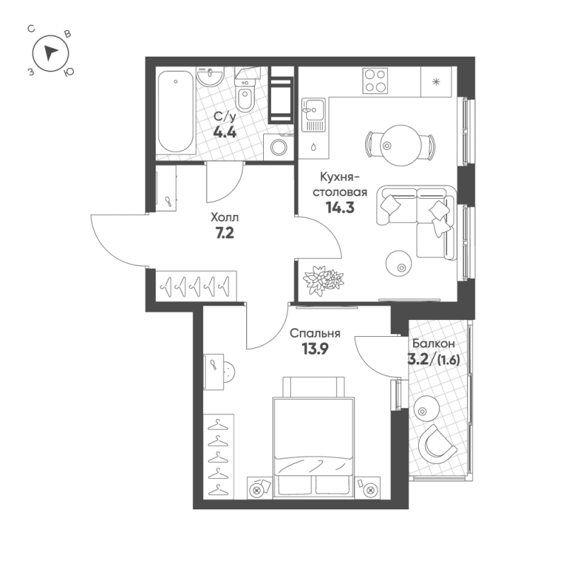 1-комнатная квартира, 41.4 м² в ЖК "Клюква.Парк" - планировка, фото №1