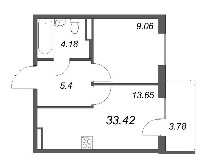 1-комнатная квартира, 33.42 м² в ЖК "Новая история" - планировка, фото №1