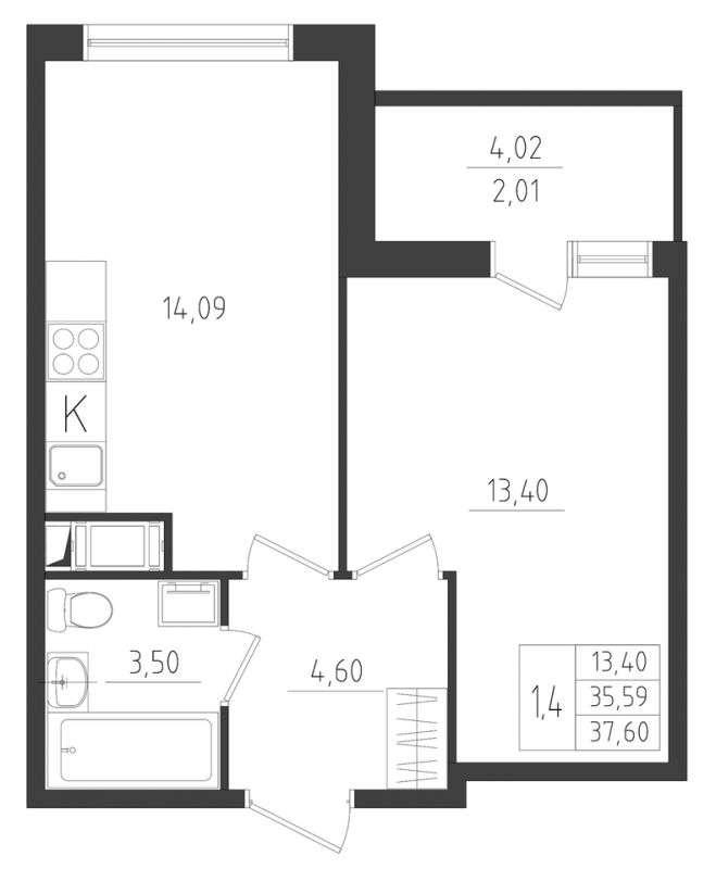 1-комнатная квартира, 37.6 м² в ЖК "Новикола" - планировка, фото №1