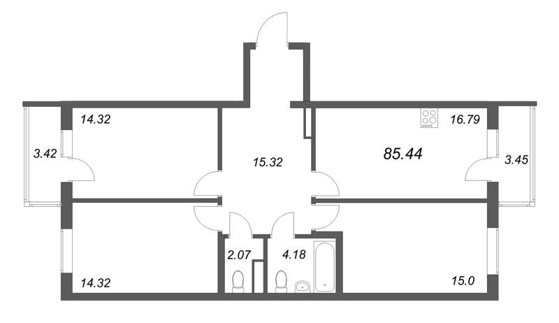4-комнатная (Евро) квартира, 85.44 м² - планировка, фото №1