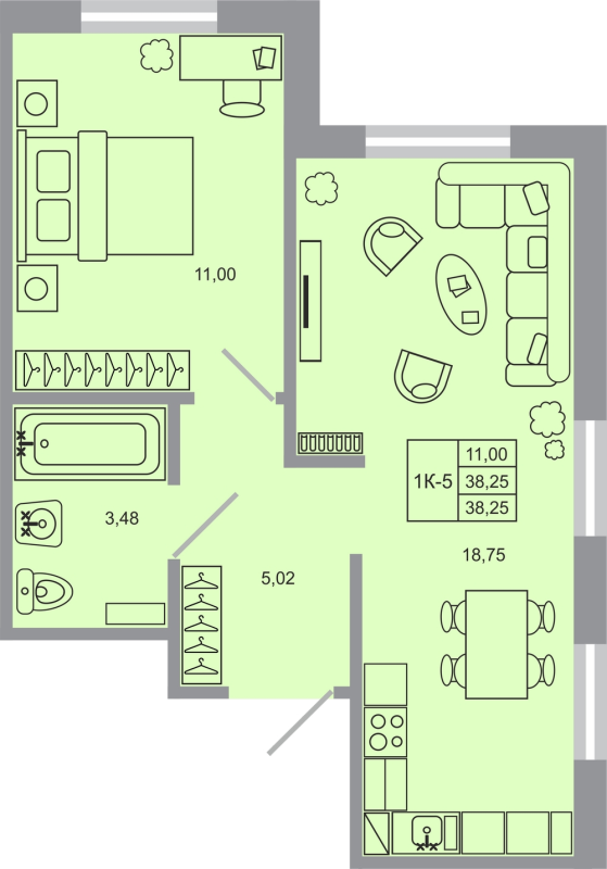 2-комнатная (Евро) квартира, 38.25 м² - планировка, фото №1