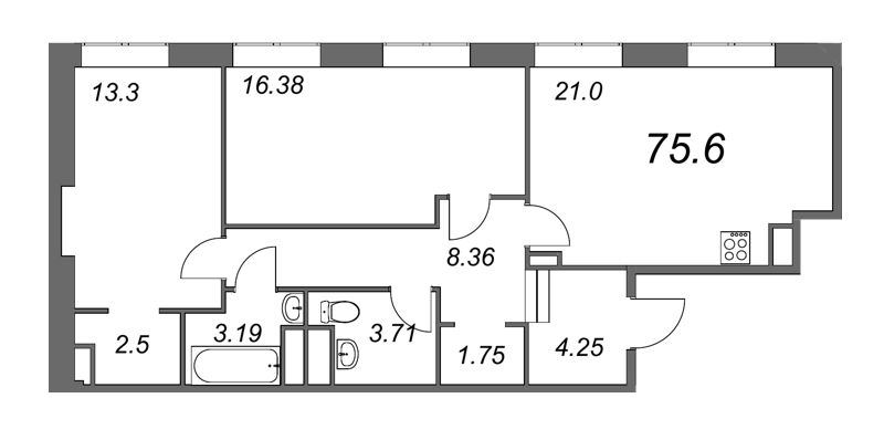 2-комнатная квартира, 78.2 м² - планировка, фото №1