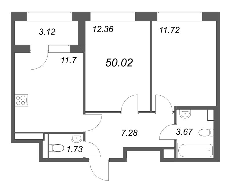 2-комнатная квартира, 50.02 м² в ЖК "Аурум" - планировка, фото №1