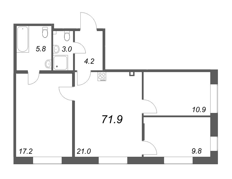 4-комнатная (Евро) квартира, 71.9 м² - планировка, фото №1