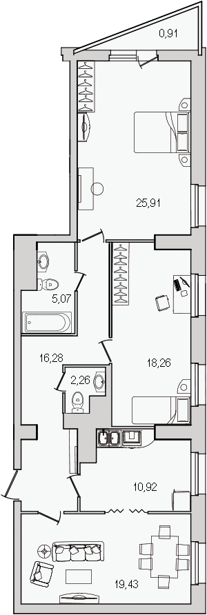 3-комнатная квартира, 94.5 м² - планировка, фото №1