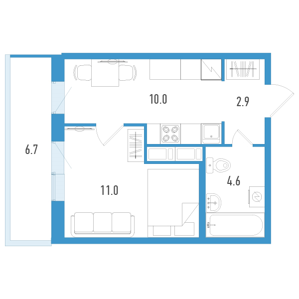 1-комнатная квартира, 30.5 м² в ЖК "Аэросити Клаб" - планировка, фото №1
