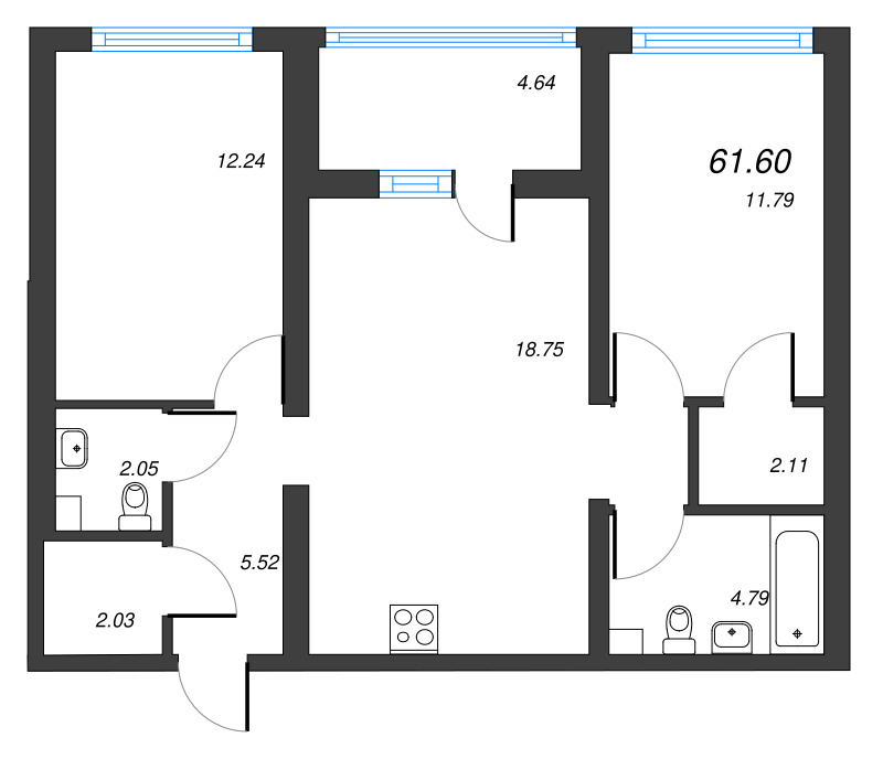 3-комнатная (Евро) квартира, 61.6 м² - планировка, фото №1