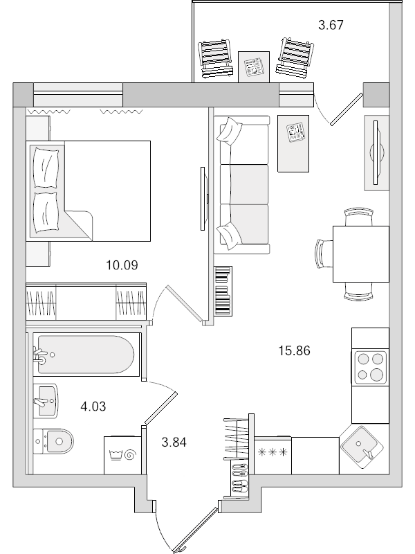 2-комнатная (Евро) квартира, 33.82 м² в ЖК "Новые горизонты" - планировка, фото №1