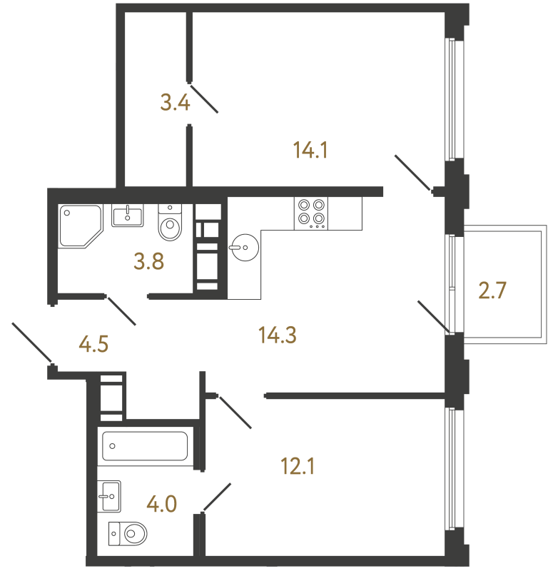 2-комнатная квартира, 56.2 м² в ЖК "Гений" - планировка, фото №1