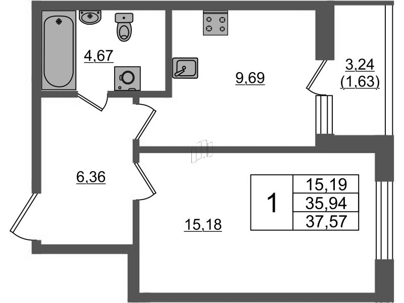 1-комнатная квартира, 37.35 м² в ЖК "Аквилон Янино" - планировка, фото №1
