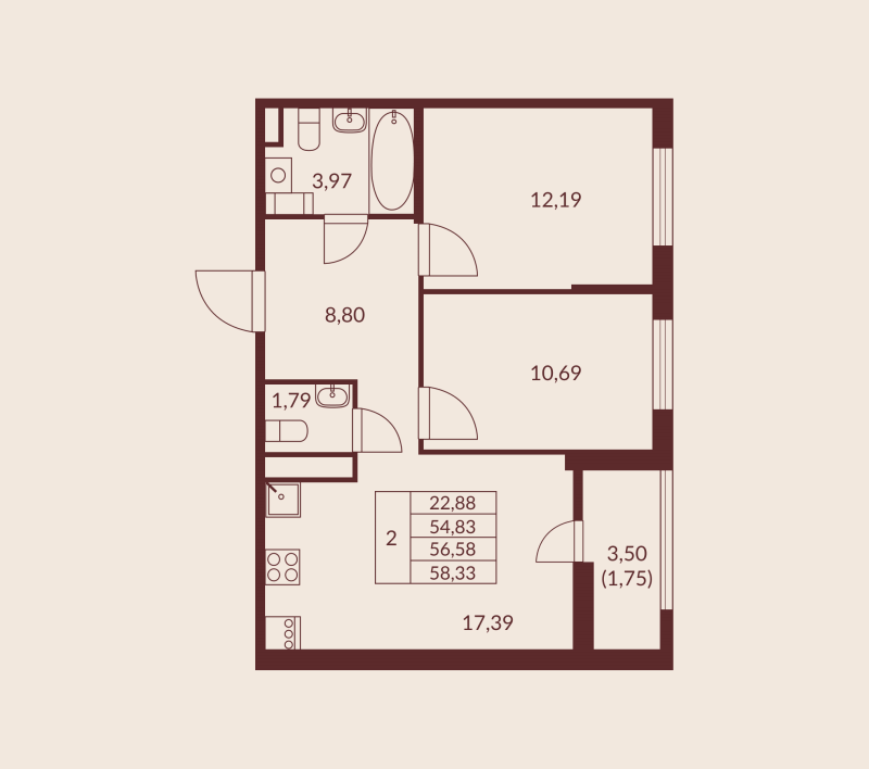 3-комнатная (Евро) квартира, 56.58 м² в ЖК "Амурино" - планировка, фото №1