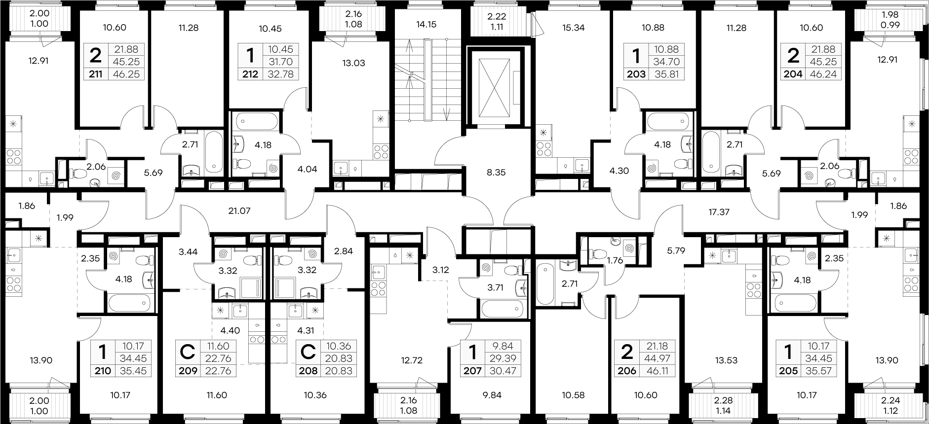 2-комнатная квартира, 46.25 м² в ЖК "GloraX Новоселье" - планировка этажа