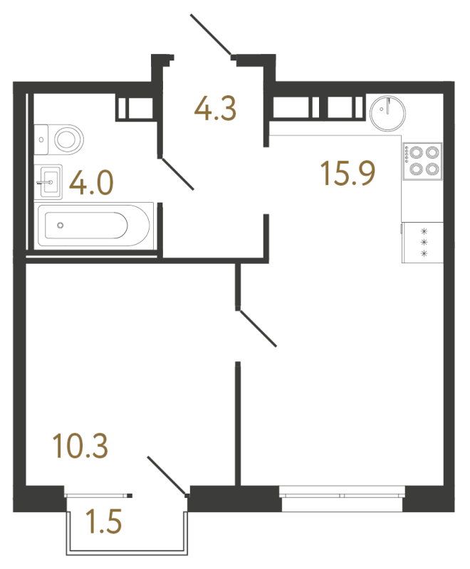 2-комнатная (Евро) квартира, 34.5 м² в ЖК "Струны" - планировка, фото №1