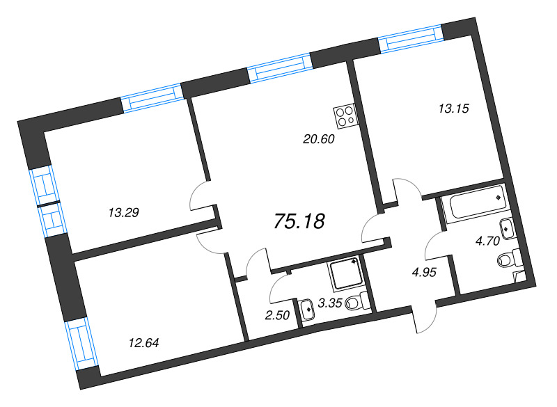 4-комнатная (Евро) квартира, 75.18 м² в ЖК "Бульвар Грина" - планировка, фото №1