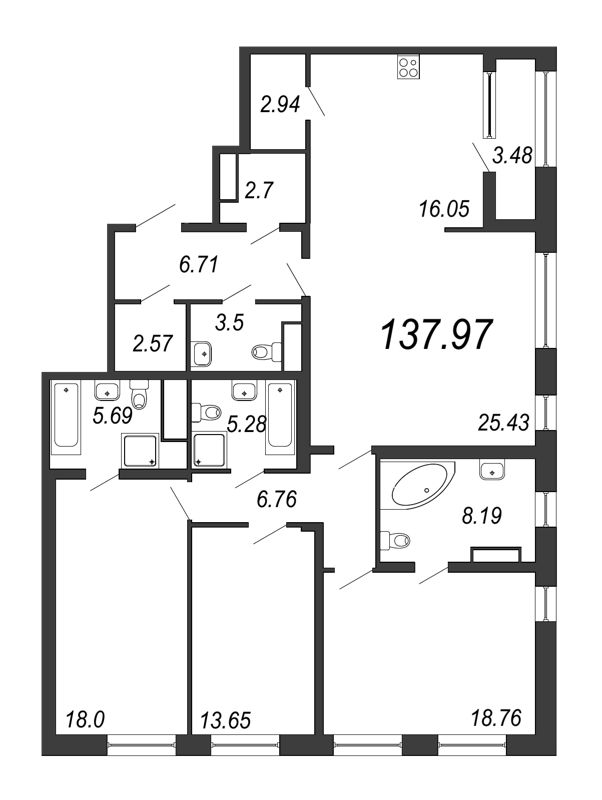 4-комнатная квартира, 137.97 м² в ЖК "Дефанс Премиум" - планировка, фото №1
