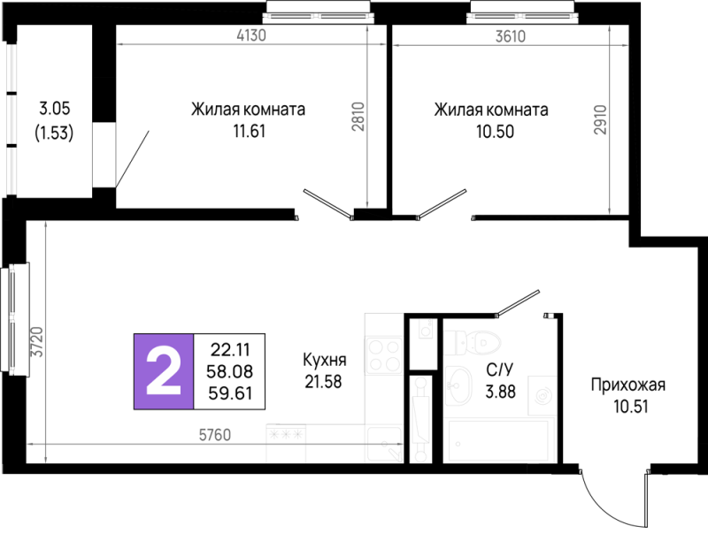 3-комнатная (Евро) квартира, 59.61 м² - планировка, фото №1
