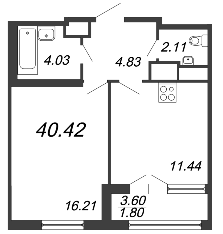 1-комнатная квартира, 40.42 м² - планировка, фото №1