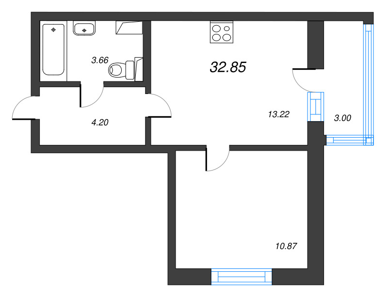 2-комнатная (Евро) квартира, 32.85 м² в ЖК "Лето" - планировка, фото №1