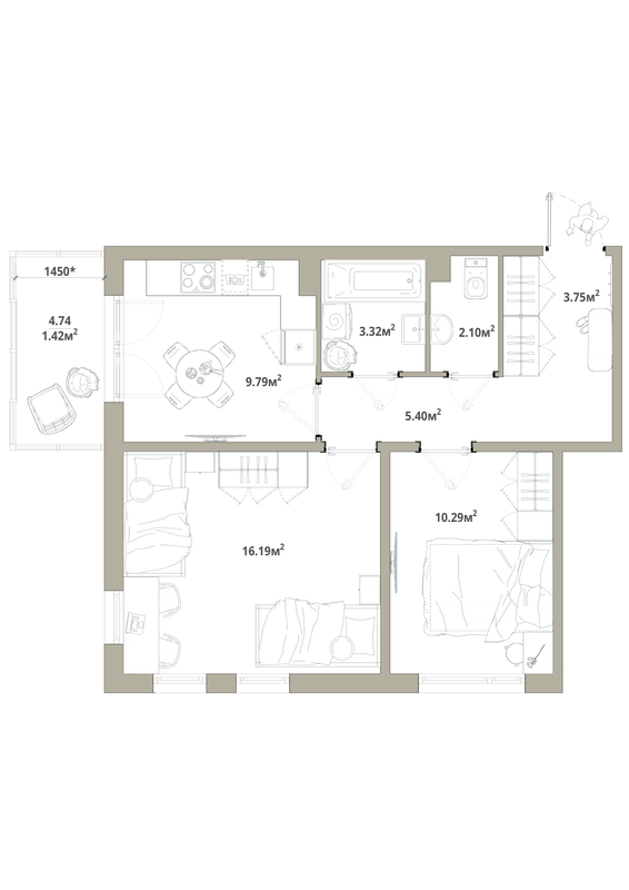 2-комнатная квартира, 52.26 м² в ЖК "Тишин" - планировка, фото №1
