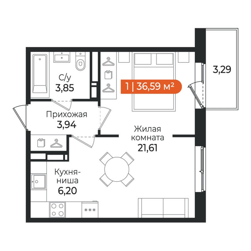 Квартира-студия, 36.59 м² в ЖК "Алгоритм Квинта" - планировка, фото №1