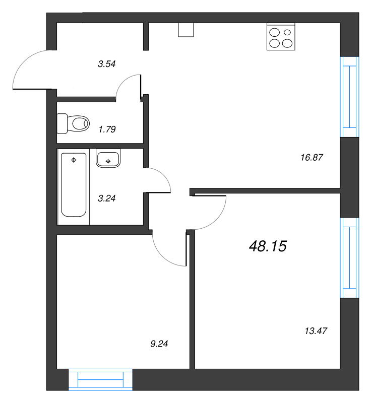 3-комнатная (Евро) квартира, 48.15 м² - планировка, фото №1