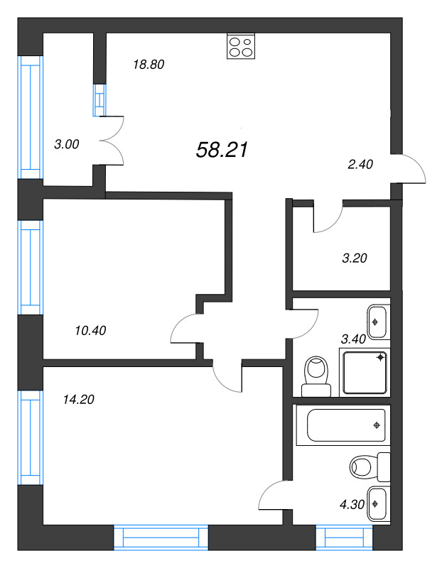 2-комнатная квартира, 58.21 м² в ЖК "NewПитер 2.0" - планировка, фото №1