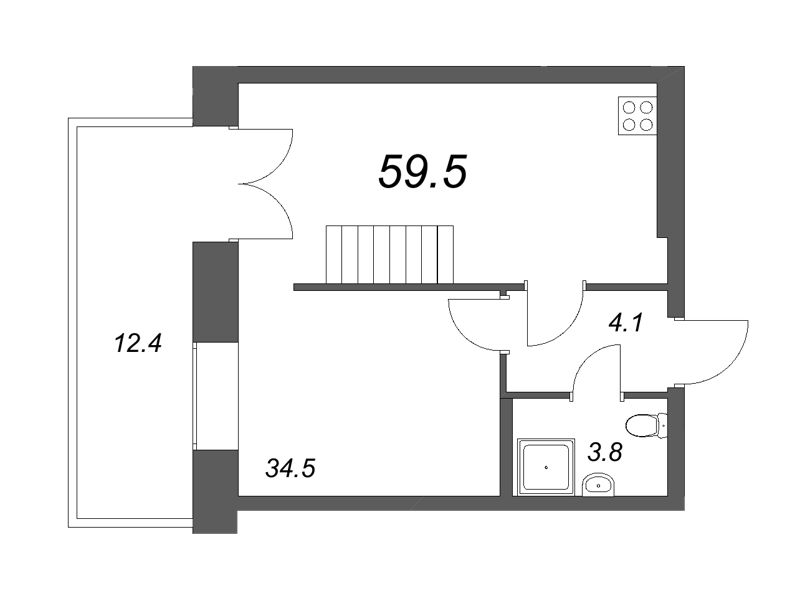 1-комнатная квартира, 58.6 м² - планировка, фото №1