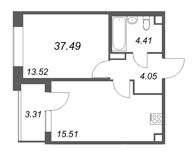 2-комнатная (Евро) квартира, 37.49 м² в ЖК "Дом на Курской" - планировка, фото №1