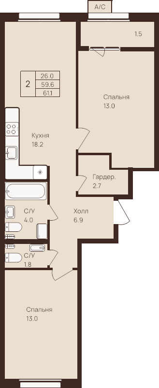3-комнатная (Евро) квартира, 61.1 м² в ЖК "Braun Hause Family" - планировка, фото №1