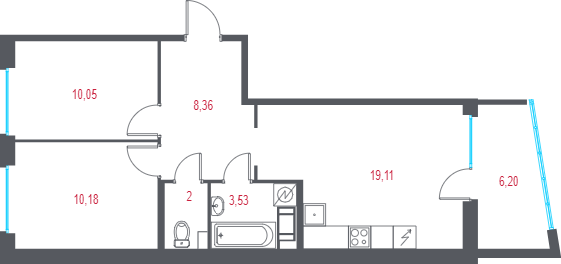 3-комнатная (Евро) квартира, 55.09 м² в ЖК "Город-спутник Южный" - планировка, фото №1