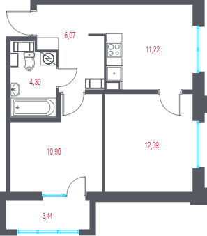 2-комнатная квартира, 45.91 м² в ЖК "Город-спутник Южный" - планировка, фото №1