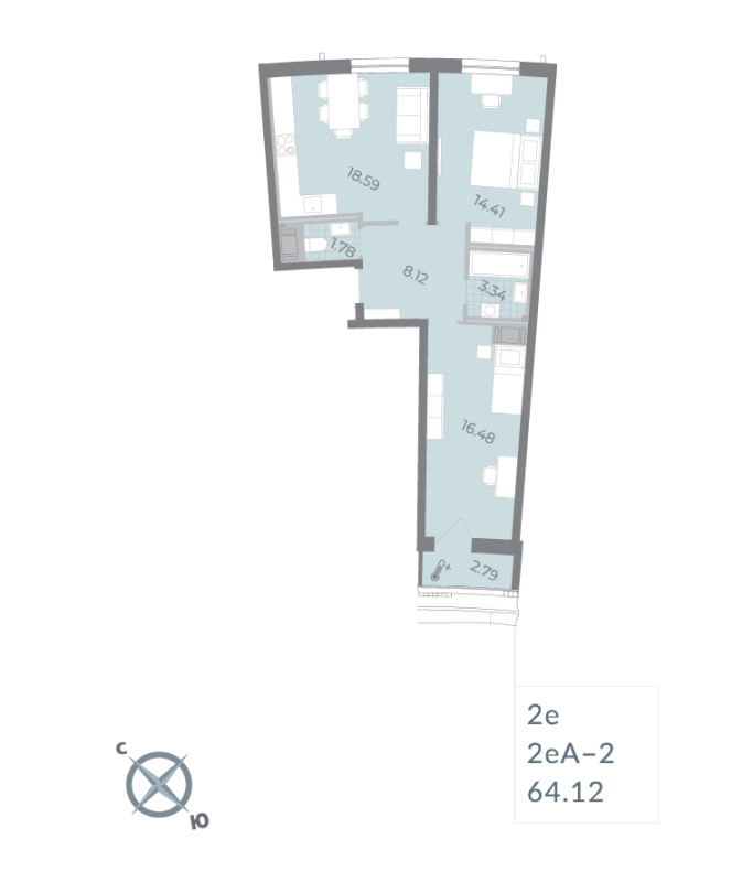 2-комнатная (Евро) квартира, 64.12 м² - планировка, фото №1