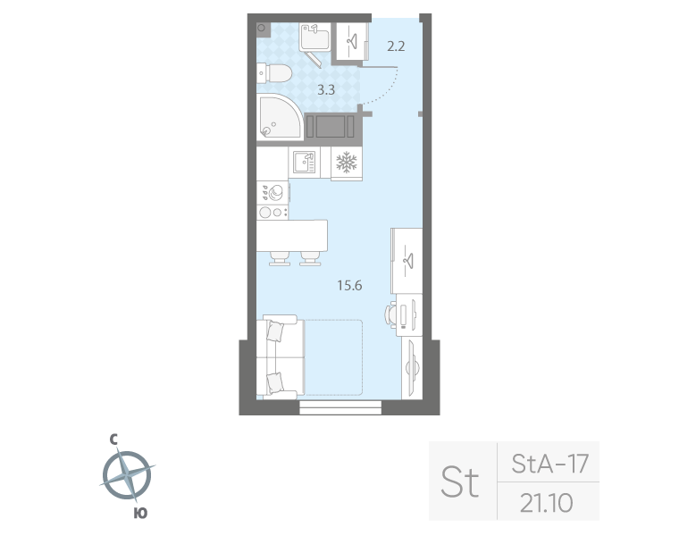 Квартира-студия, 21.1 м² - планировка, фото №1