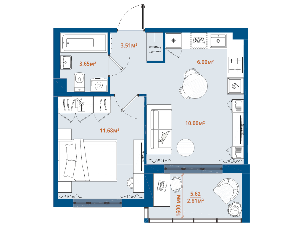 2-комнатная (Евро) квартира, 37.65 м² в ЖК "ЛесАрт" - планировка, фото №1