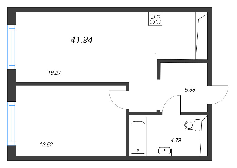 2-комнатная (Евро) квартира, 41.94 м² в ЖК "Легенда Васильевского" - планировка, фото №1