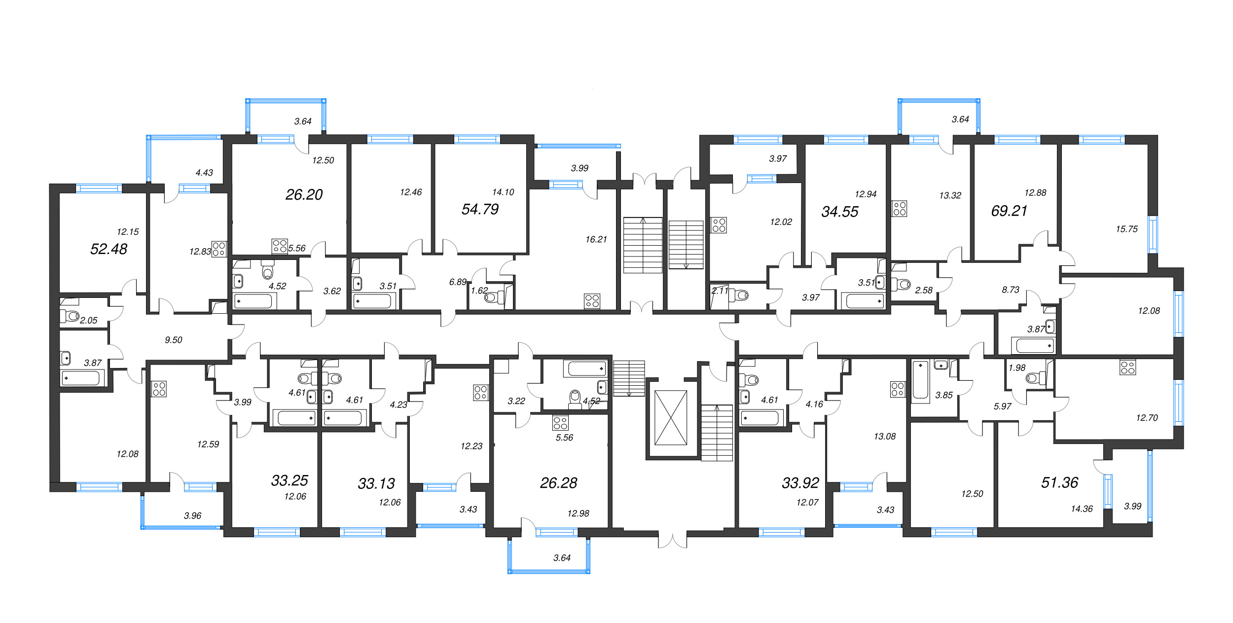 2-комнатная квартира, 51.36 м² - планировка этажа