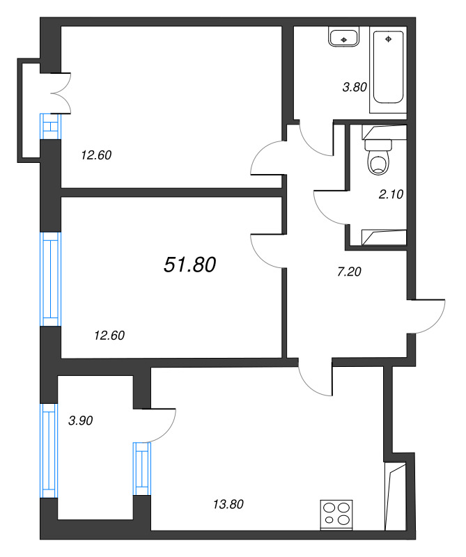 2-комнатная квартира, 51.8 м² - планировка, фото №1