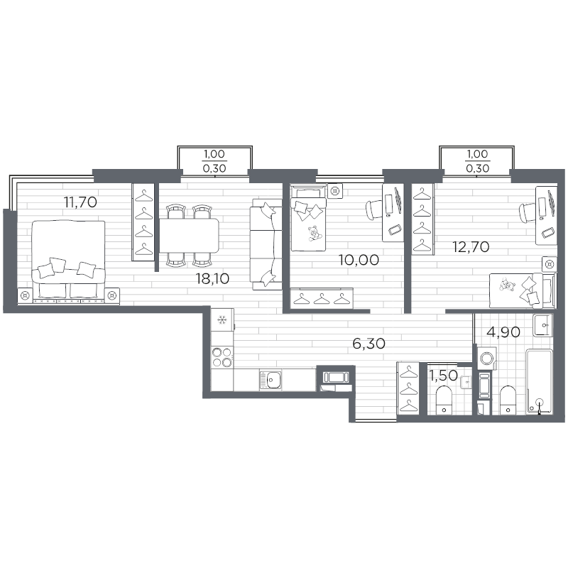 4-комнатная (Евро) квартира, 66.8 м² в ЖК "Плюс Пулковский" - планировка, фото №1
