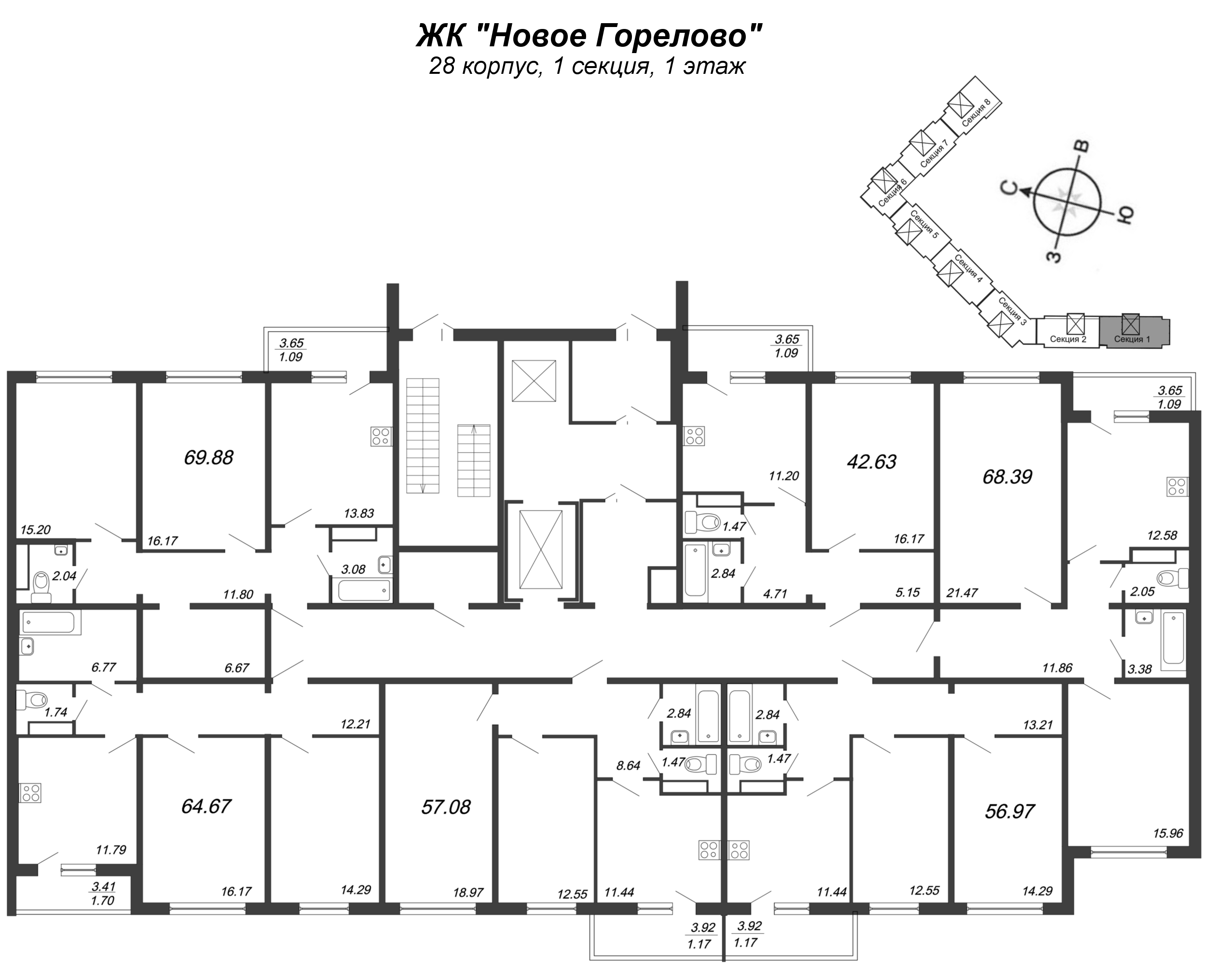 2-комнатная квартира, 65 м² в ЖК "Новое Горелово" - планировка этажа