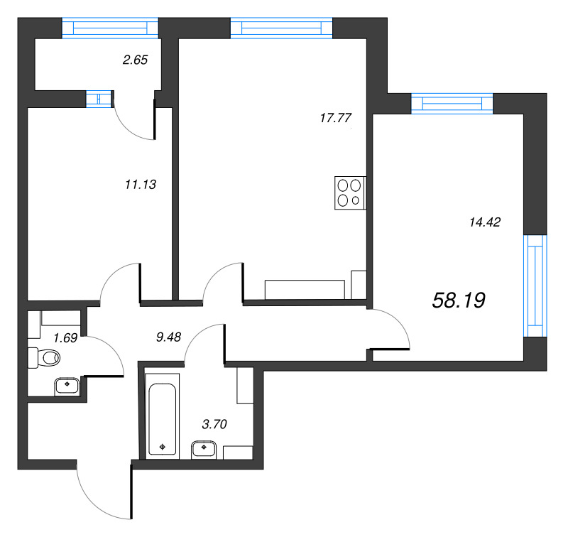 3-комнатная (Евро) квартира, 58.19 м² - планировка, фото №1