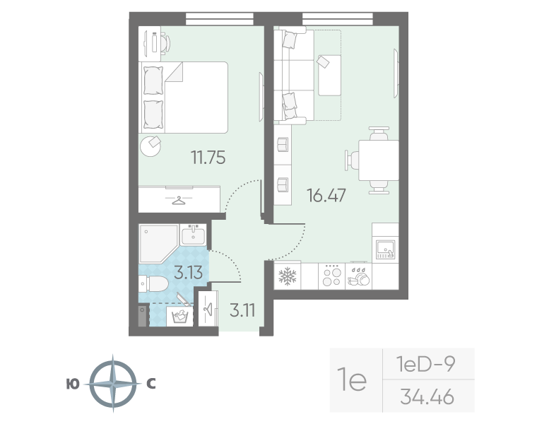 2-комнатная (Евро) квартира, 34.46 м² в ЖК "Морская миля" - планировка, фото №1